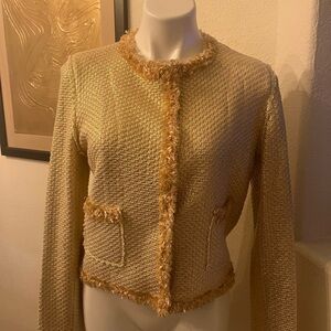 Le Superbe gold tweed blazer snap closures hot pink fringe detail NWOT Size Med